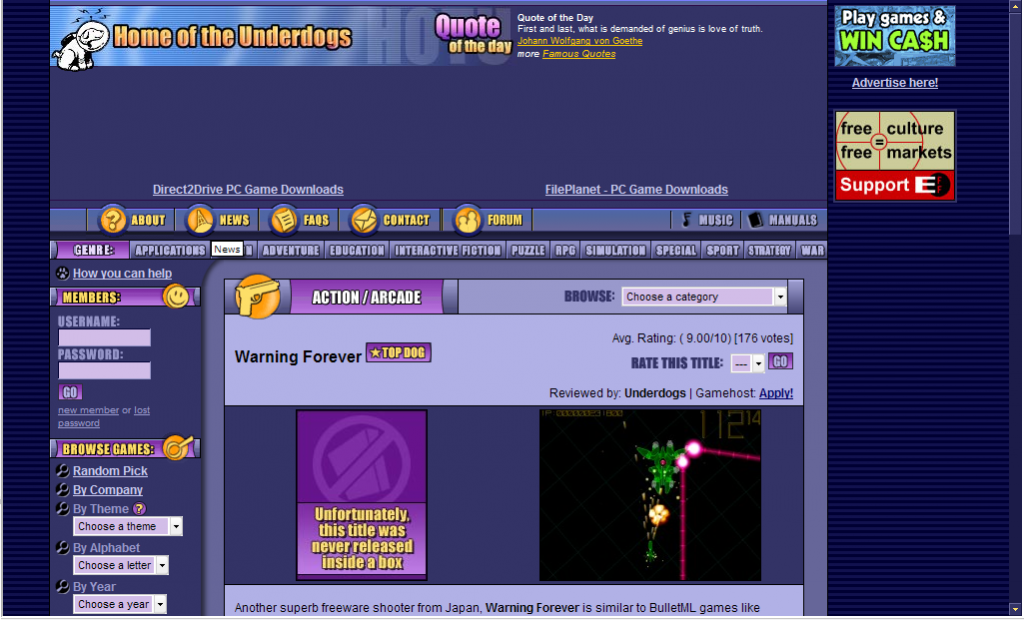 Home of the Underdogs, an abandonware website I spent much of my 20s browsing.  The Abandonware situation, it seems to me, is perhaps escalating in a new way due to indies' lack of caring.